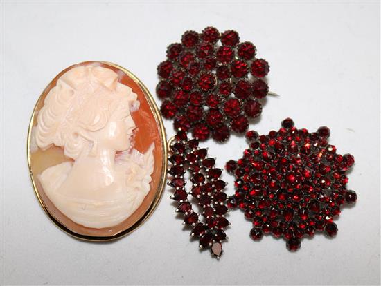 A silver gilt mounted Cameo brooch and three other Victorian brooches.